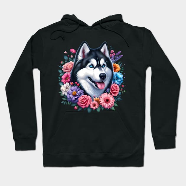 A siberian husky decorated with beautiful colorful flowers. Hoodie by CreativeSparkzz